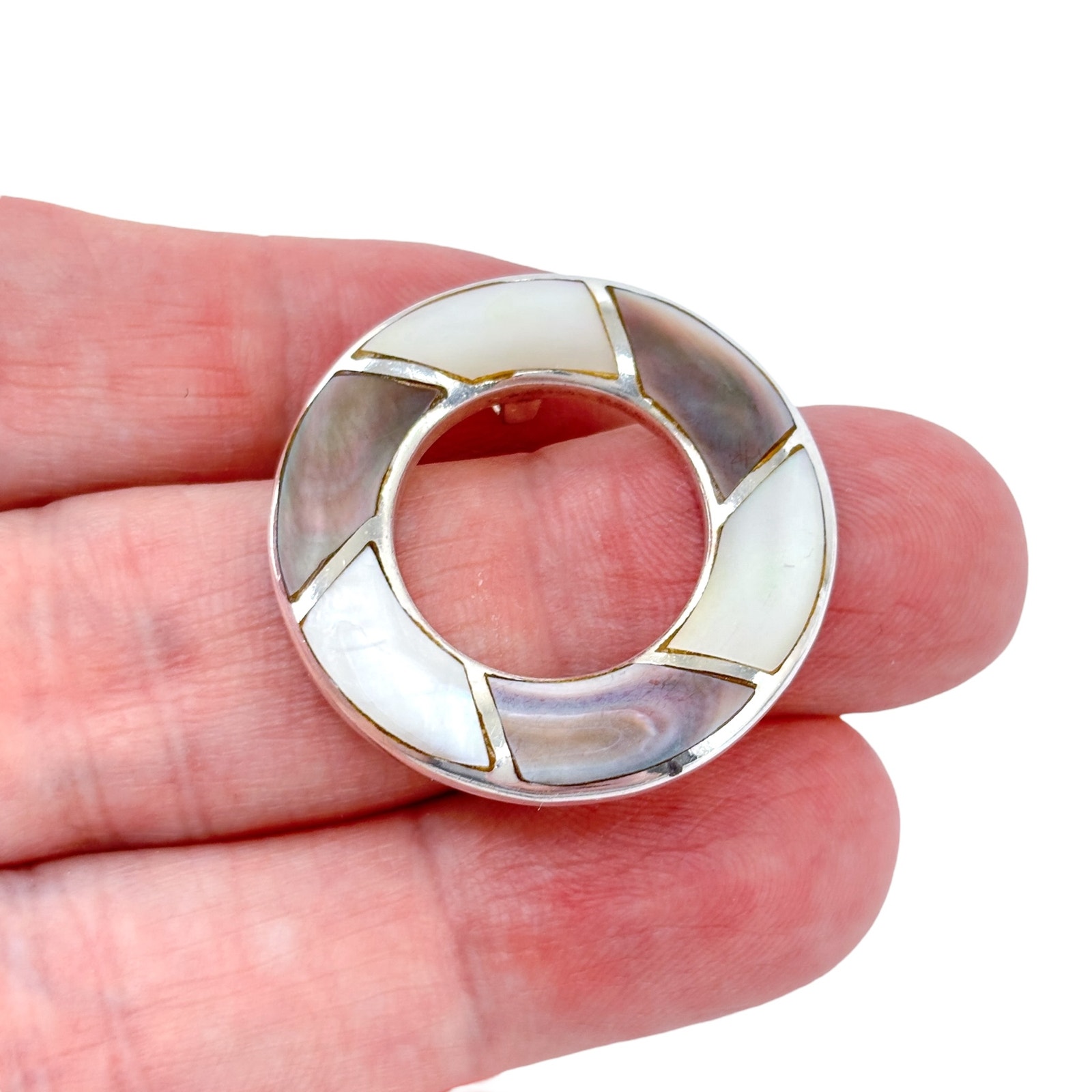 Mother Of Pearl Abalone Inlay Circle Pendant Vintage Sterling Silver 925 41$